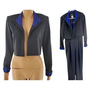Vintage Black & Blue Sequin Collar Jumpsuit Pantsuit Size 6P 80s Disco